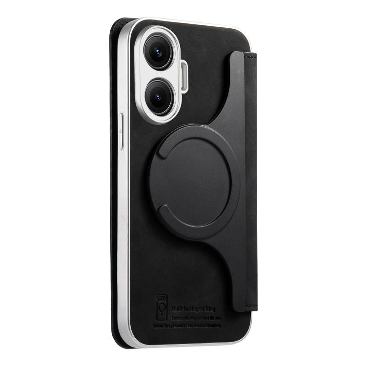 For Redmi Turbo 4 Pro CaseNeo Precision Hole Silver-Edged Magnetic Zipper Wallet Cross-Grain Vegan Leather Phone Case