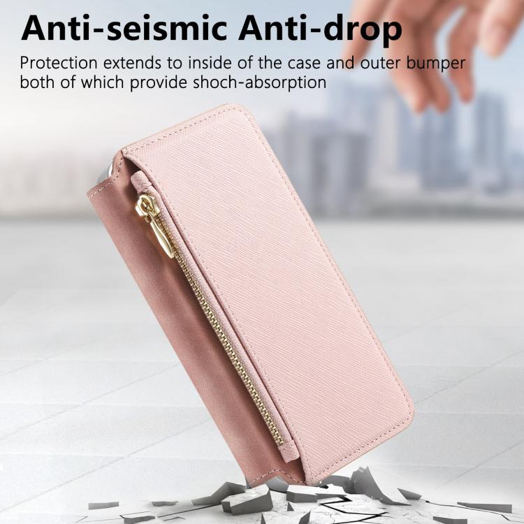 For Redmi Note 14 5G CaseNeo Precision Hole Silver-Edged Magnetic Zipper Wallet Cross-Grain Vegan Leather Phone Case