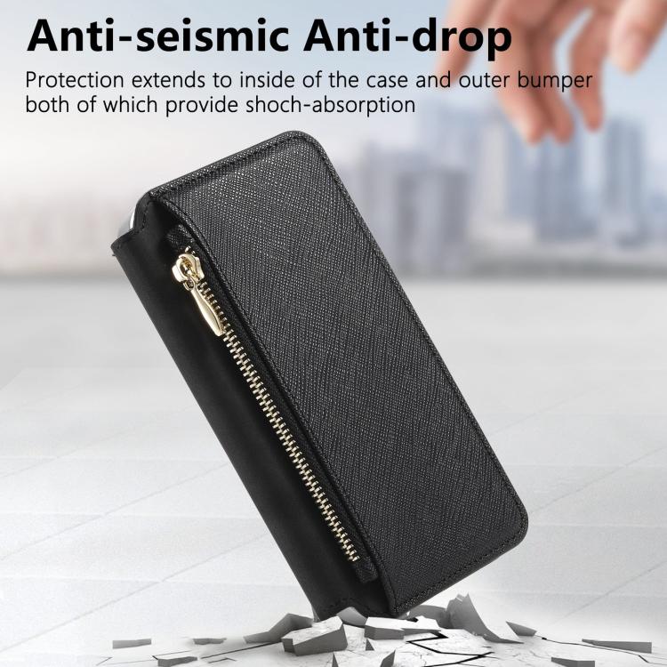 For Redmi Note 14 5G CaseNeo Precision Hole Silver-Edged Magnetic Zipper Wallet Cross-Grain Vegan Leather Phone Case