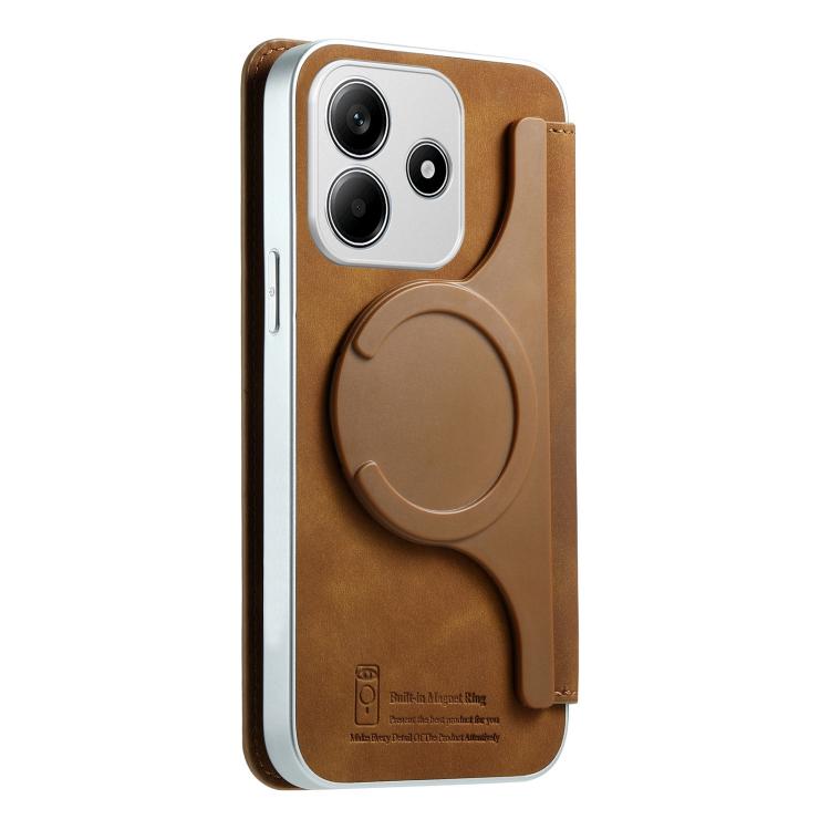 For Redmi Note 14 5G CaseNeo Precision Hole Silver-Edged Magnetic Zipper Wallet Cross-Grain Vegan Leather Phone Case