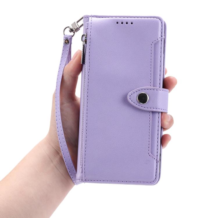 For Galaxy A16 5G Litchi Texture Zipper Wallet Buckle Vegan Leather Phone Case with Wrist Strap