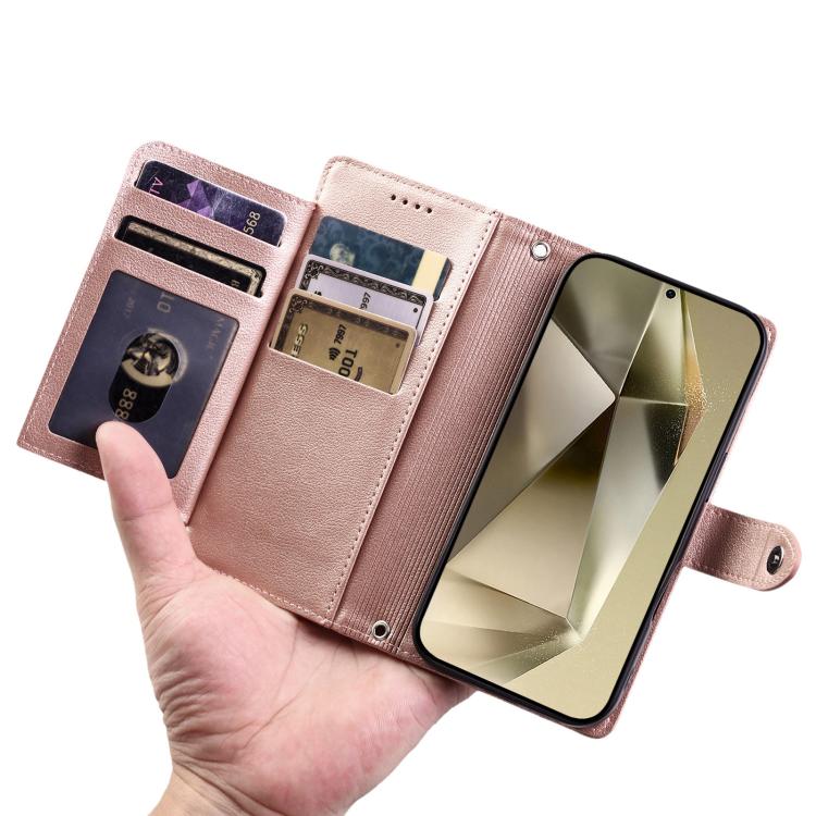 For Galaxy S24 Ultra 5G Litchi Texture Zipper Wallet Buckle Vegan Leather Phone Case with Wrist Strap
