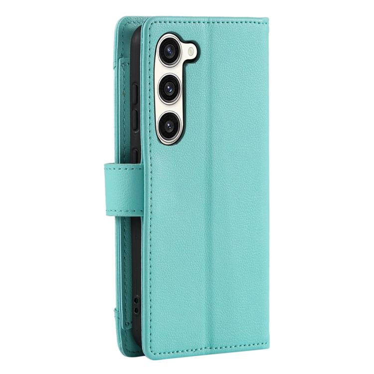 For Galaxy S23+ 5G Litchi Texture Zipper Wallet Buckle Vegan Leather Phone Case with Wrist Strap