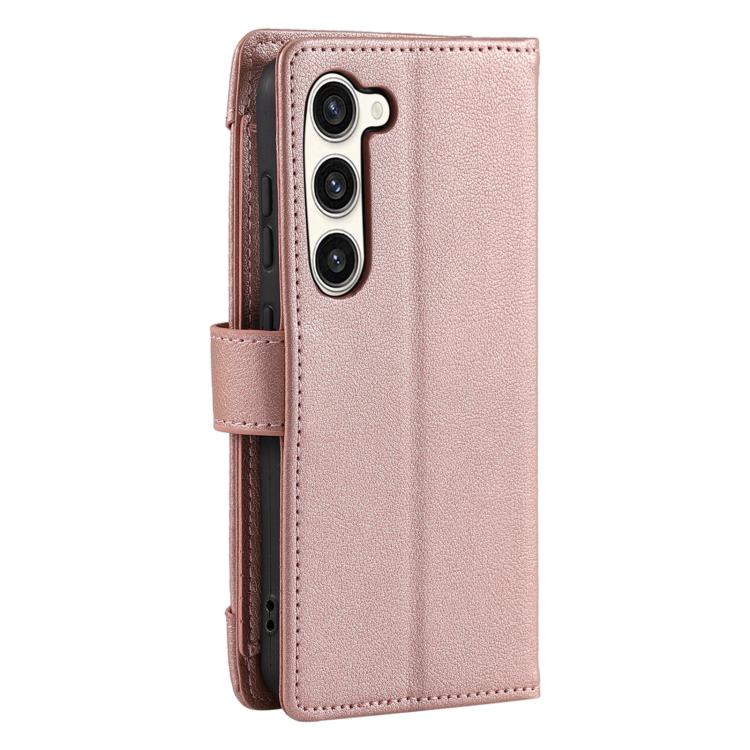 For Galaxy S23+ 5G Litchi Texture Zipper Wallet Buckle Vegan Leather Phone Case with Wrist Strap