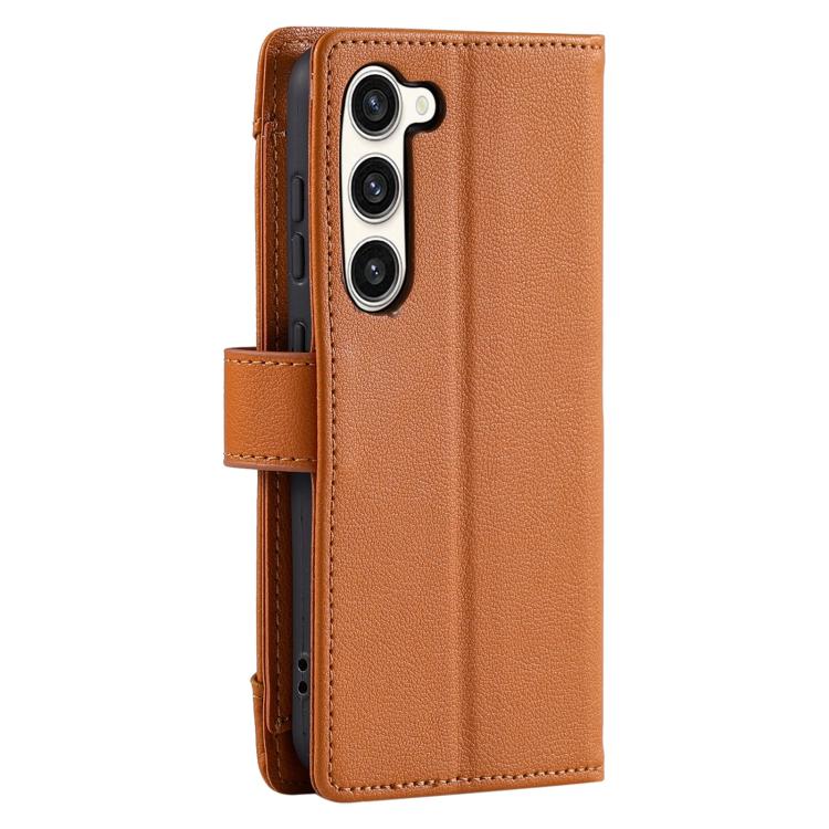 For Galaxy S23+ 5G Litchi Texture Zipper Wallet Buckle Vegan Leather Phone Case with Wrist Strap