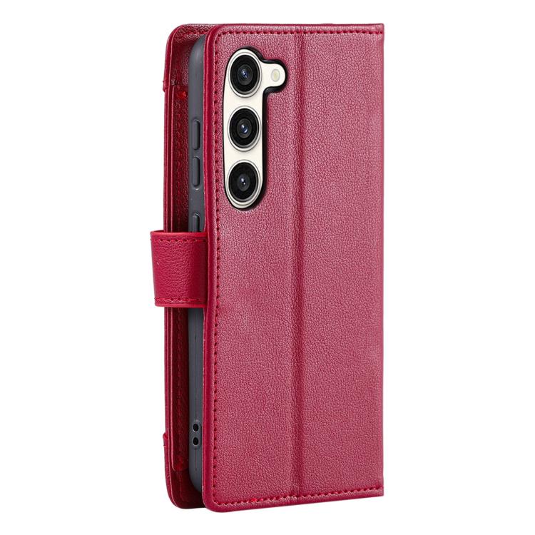 For Galaxy S23+ 5G Litchi Texture Zipper Wallet Buckle Vegan Leather Phone Case with Wrist Strap