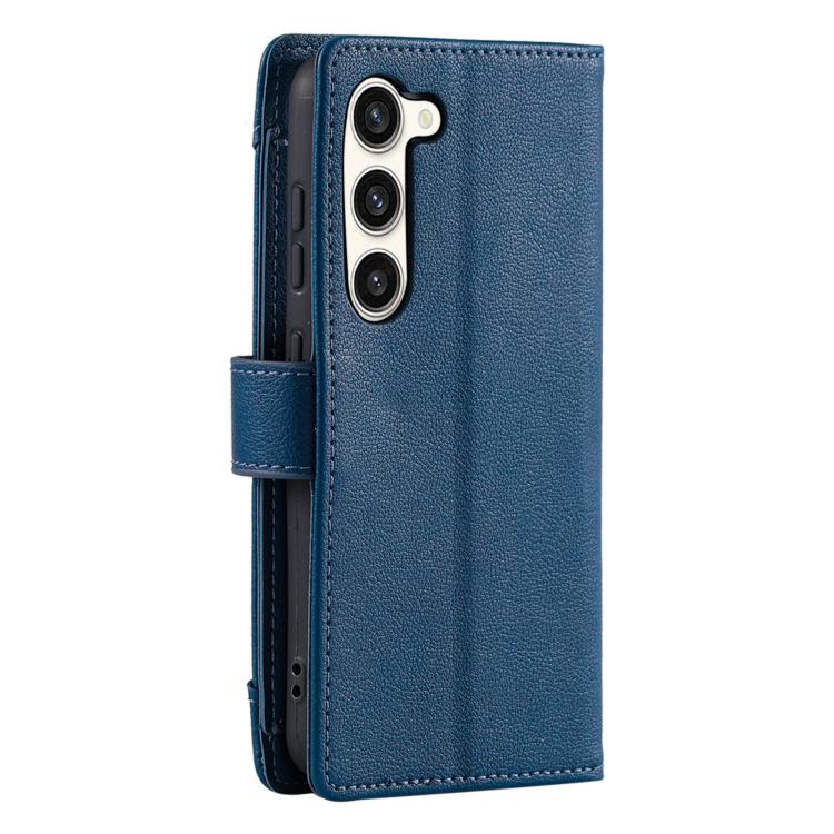 For Galaxy S23+ 5G Litchi Texture Zipper Wallet Buckle Vegan Leather Phone Case with Wrist Strap