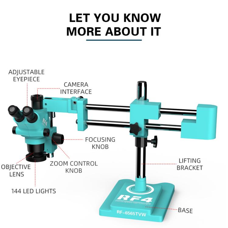 RF4 RF-6565TVW 6.5-65X High-definition Trinocular Stereo Continuous Zoom Industrial Microscope - Blue
