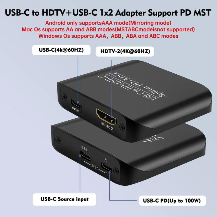 NK-E70 Type-C to HDTV, Type-C 4K 60Hz PD Power Port HD Video Splitter, Support MST and SST - Black