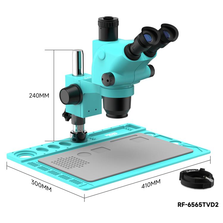 RF4 RF-6565TVD2 6.5X-65X Synchronous Zoom Trinocular Stereo Microscope with Aluminum Alloy Base - Blue