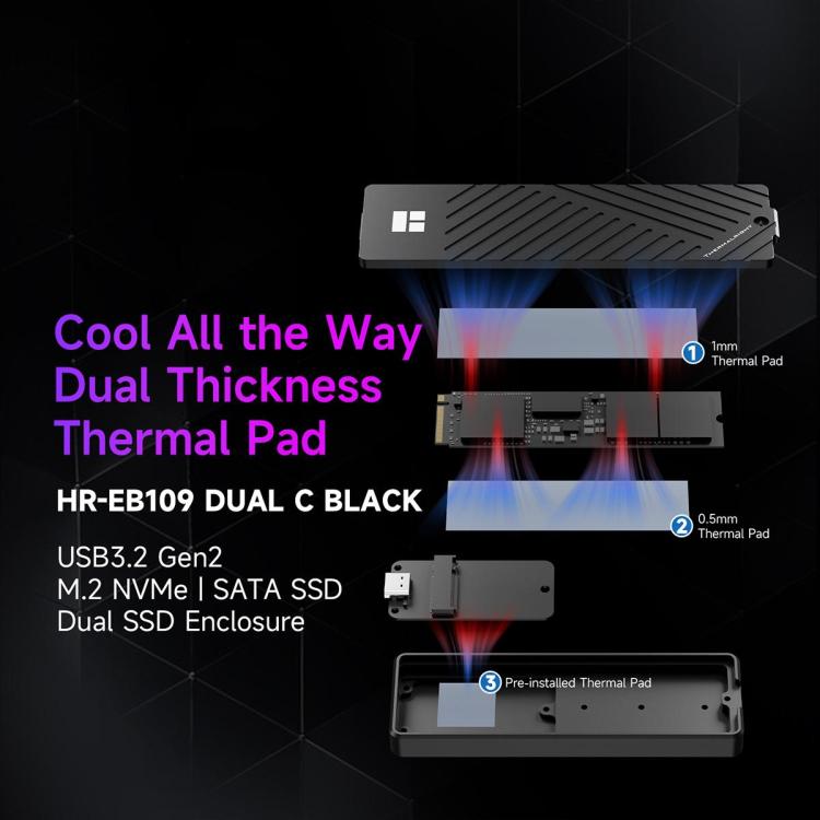 THERMALRIGHT HR-EB109 M.2 NVMe / SATA Dual Protocol SSD Enclosure with USB to Type-C Cable & Type-C to Type-C Cable - Black
