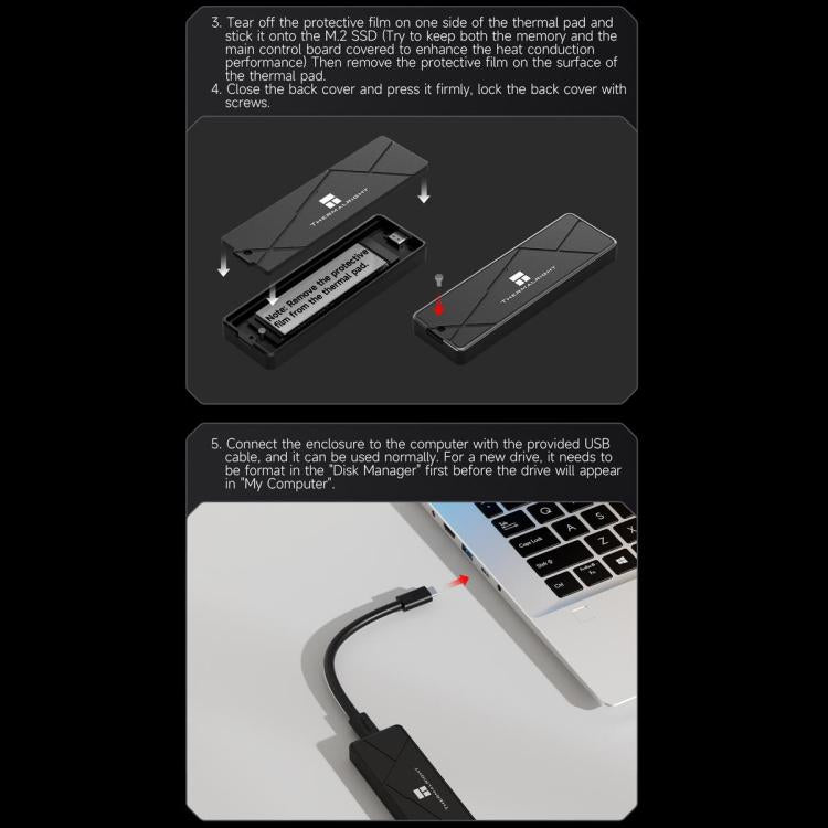 THERMALRIGHT HR-EB115 M.2 NVMe / SATA Dual Protocol SSD Enclosure with USB to Type-C Cable & Type-C to Type-C Cable - Black