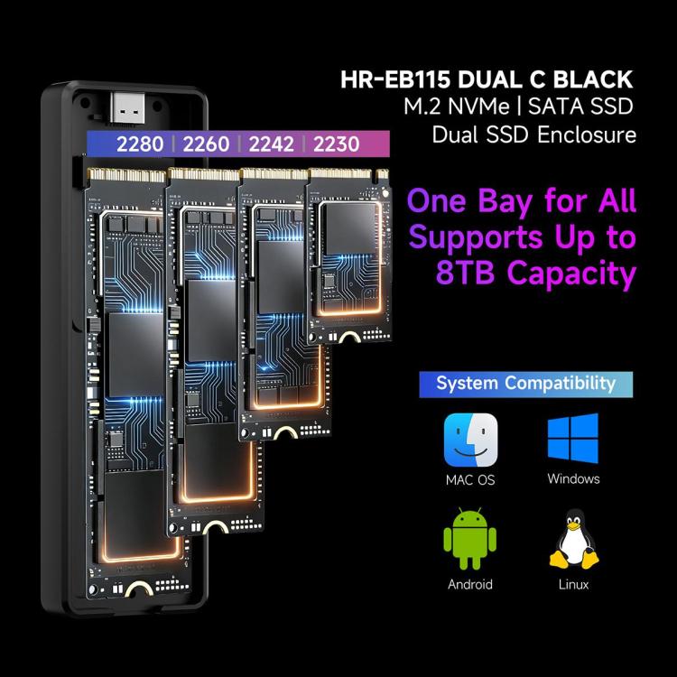 THERMALRIGHT HR-EB115 M.2 NVMe / SATA Dual Protocol SSD Enclosure with USB to Type-C Cable & Type-C to Type-C Cable - Black