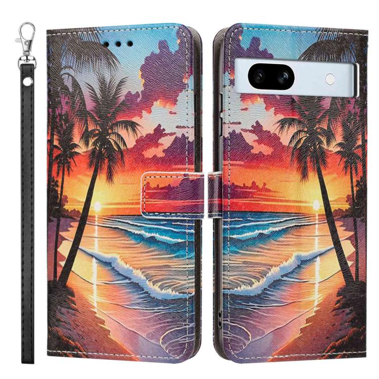 For Google Pixel 7a Painted Pattern Vegan Leather Phone Case with Strap
