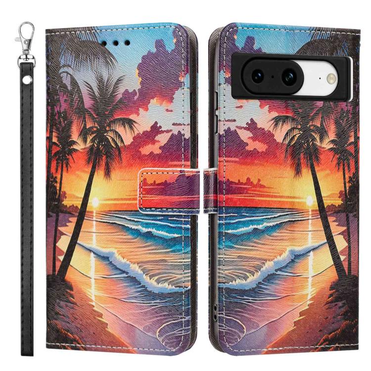 For Google Pixel 8 Painted Pattern Vegan Leather Phone Case with Strap