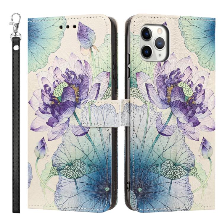 For iPhone 11 Pro Max Painted Pattern Vegan Leather Phone Case with Strap