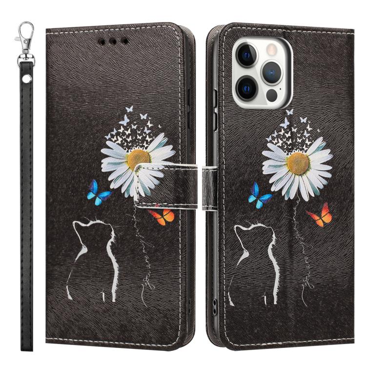 For iPhone 12 Pro Max Painted Pattern Vegan Leather Phone Case with Strap