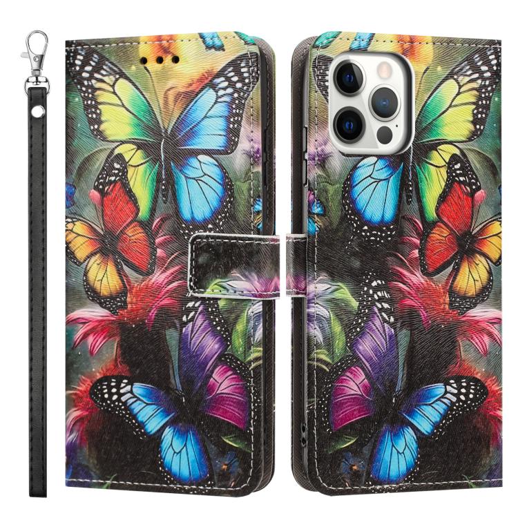 For iPhone 12 Pro Max Painted Pattern Vegan Leather Phone Case with Strap