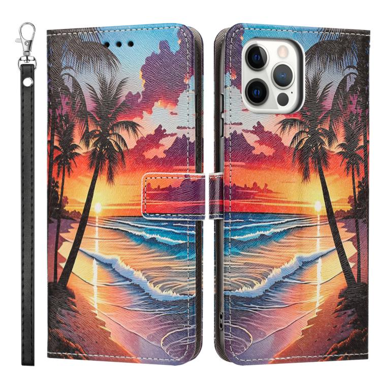 For iPhone 12 Pro / 12 Painted Pattern Vegan Leather Phone Case with Strap
