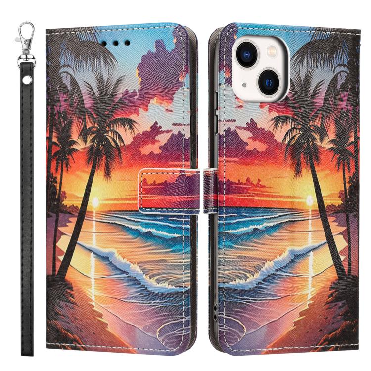 For iPhone 13 mini Painted Pattern Vegan Leather Phone Case with Strap
