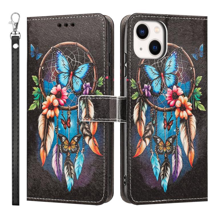 For iPhone 13 mini Painted Pattern Vegan Leather Phone Case with Strap