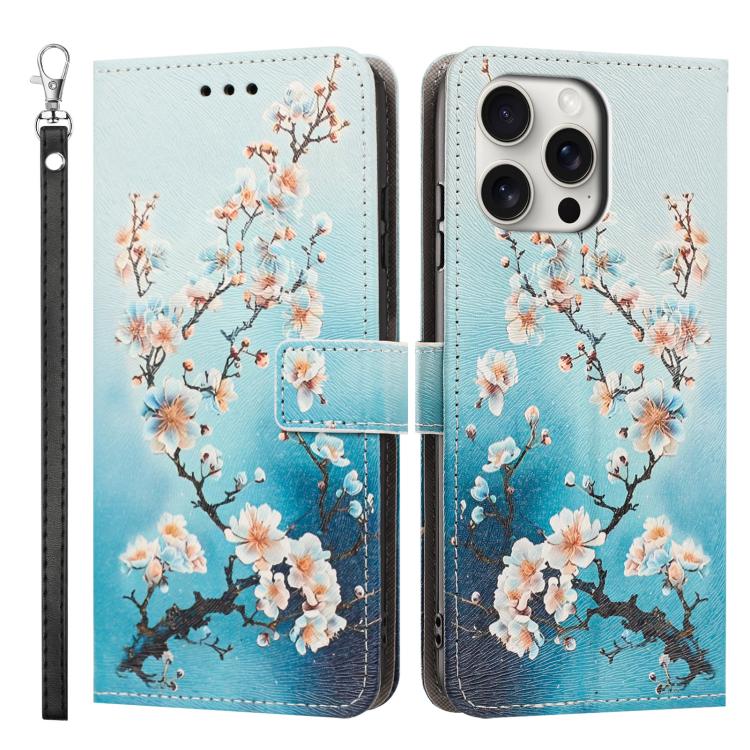 For iPhone 13 Pro Painted Pattern Vegan Leather Phone Case with Strap