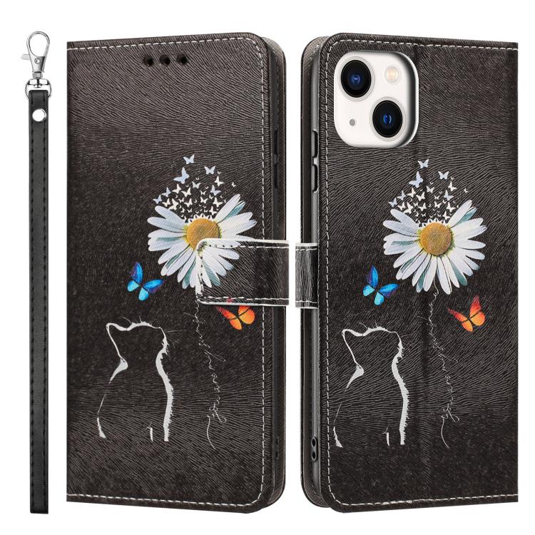 For iPhone 13 / 14 Painted Pattern Vegan Leather Phone Case with Strap