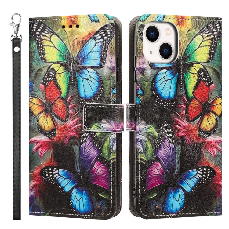 For iPhone 13 / 14 Painted Pattern Vegan Leather Phone Case with Strap