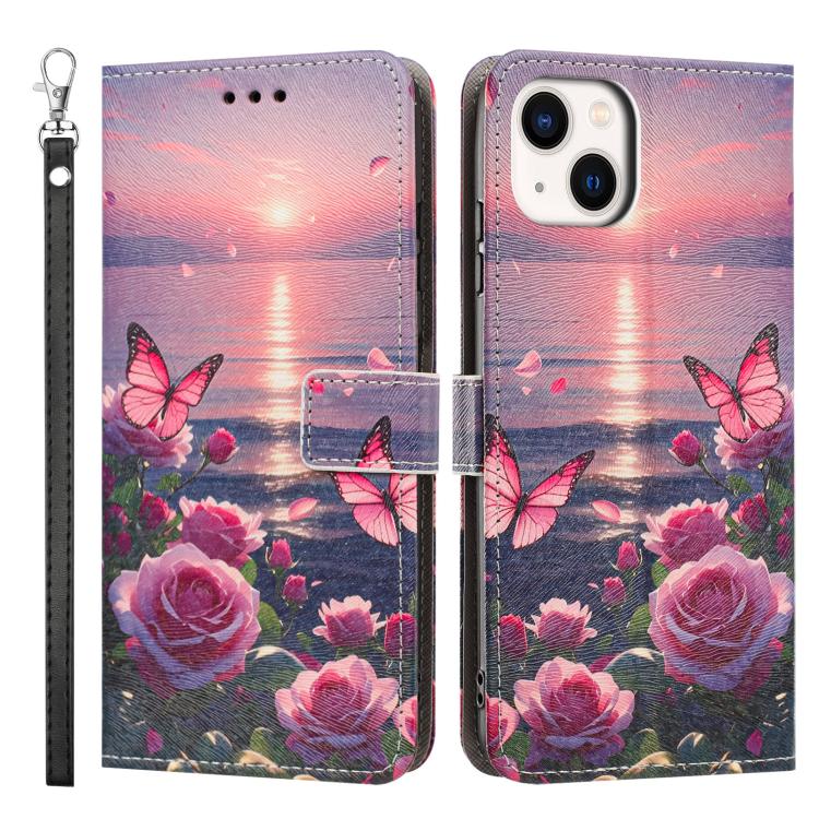 For iPhone 15 Plus / 14 Plus Painted Pattern Vegan Leather Phone Case with Strap