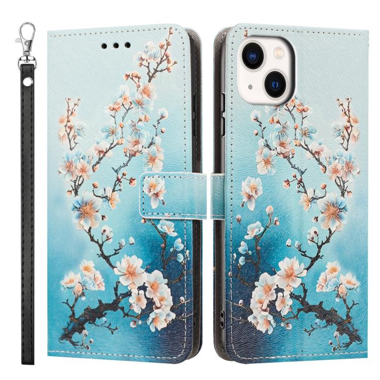 For iPhone 15 Painted Pattern Vegan Leather Phone Case with Strap