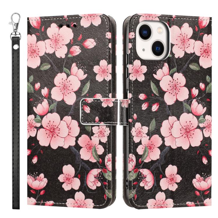 For iPhone 15 Painted Pattern Vegan Leather Phone Case with Strap