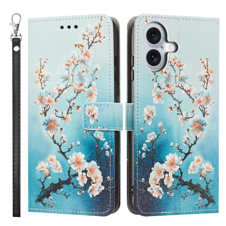 For iPhone 16 Plus Painted Pattern Vegan Leather Phone Case with Strap