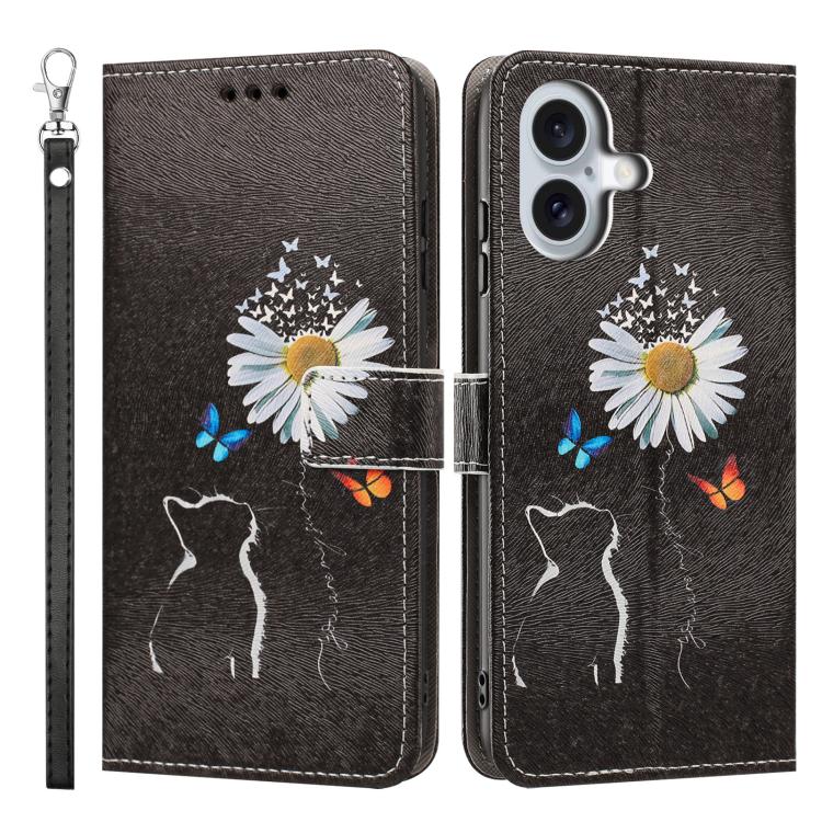 For iPhone 16 Plus Painted Pattern Vegan Leather Phone Case with Strap