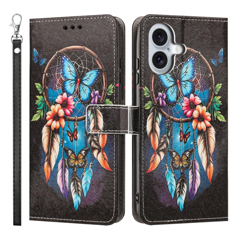 For iPhone 16 Plus Painted Pattern Vegan Leather Phone Case with Strap