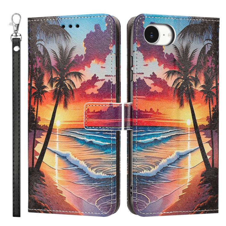 For iPhone 17e / 16e Painted Pattern Vegan Leather Phone Case with Strap