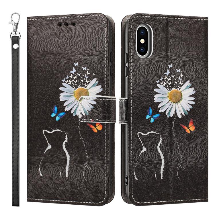 For iPhone X / XS Painted Pattern Vegan Leather Phone Case with Strap