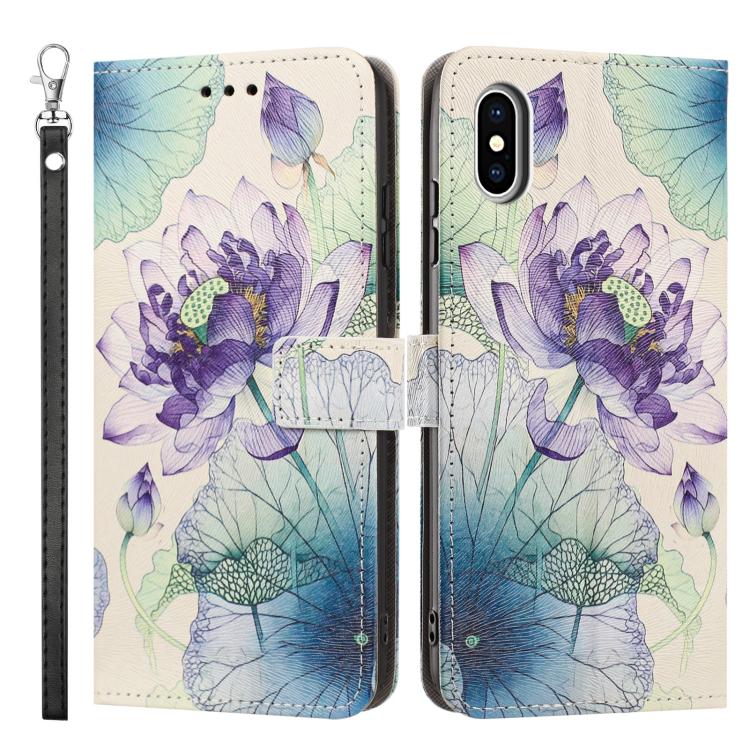For iPhone X / XS Painted Pattern Vegan Leather Phone Case with Strap