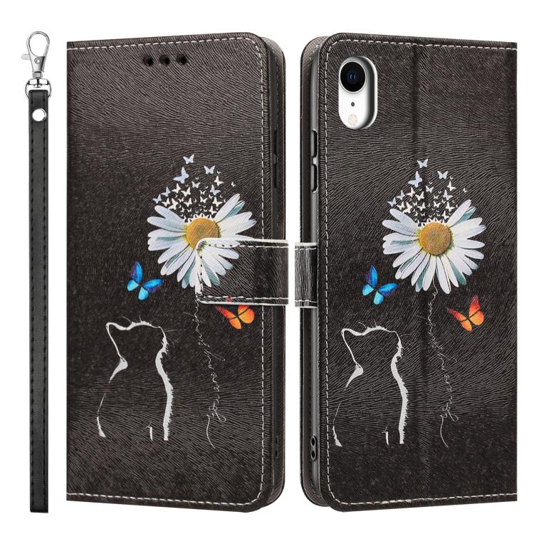 For iPhone XR Painted Pattern Vegan Leather Phone Case with Strap