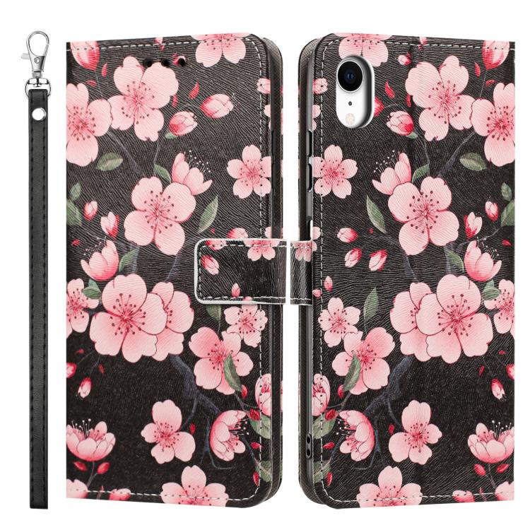 For iPhone XR Painted Pattern Vegan Leather Phone Case with Strap