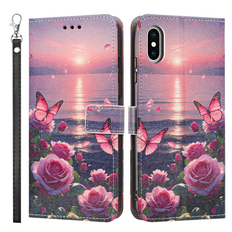 For iPhone XS Max Painted Pattern Vegan Leather Phone Case with Strap