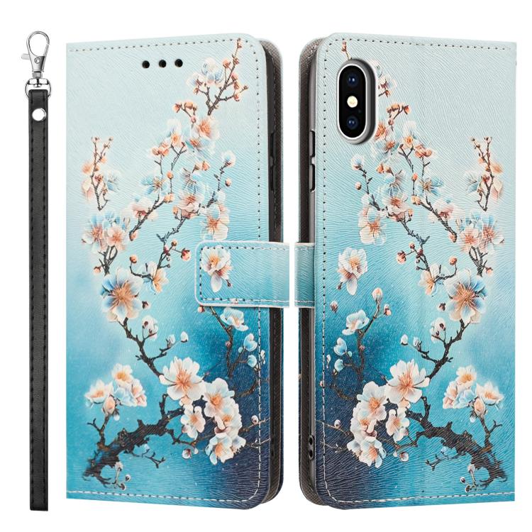 For iPhone XS Max Painted Pattern Vegan Leather Phone Case with Strap