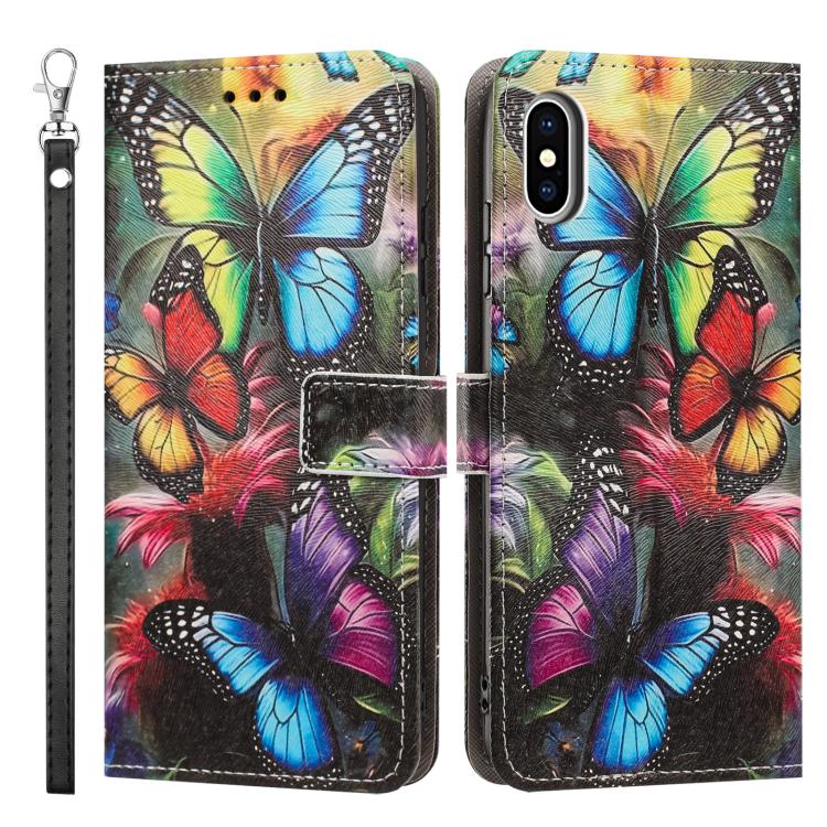For iPhone XS Max Painted Pattern Vegan Leather Phone Case with Strap