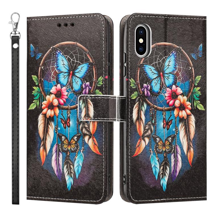 For iPhone XS Max Painted Pattern Vegan Leather Phone Case with Strap