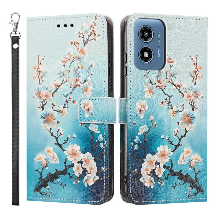 For Motorola Moto G Play 4G Painted Pattern Vegan Leather Phone Case with Strap