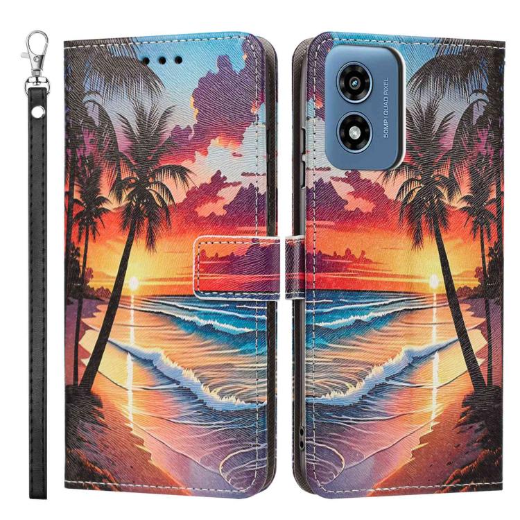 For Motorola Moto G Play 4G Painted Pattern Vegan Leather Phone Case with Strap