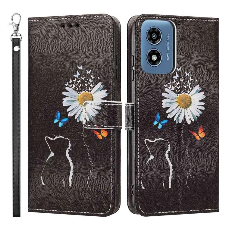 For Motorola Moto G Play 4G Painted Pattern Vegan Leather Phone Case with Strap