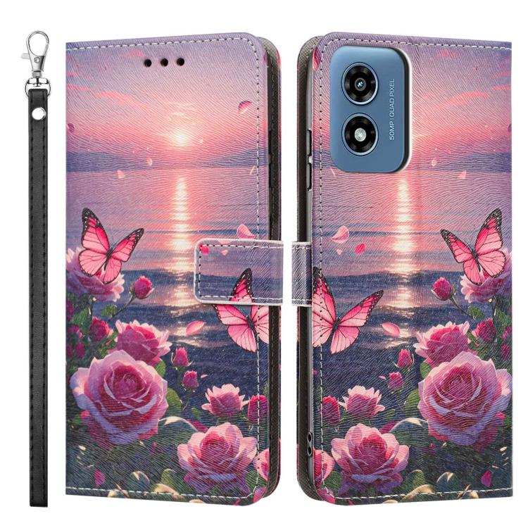For Motorola Moto G04 Painted Pattern Vegan Leather Phone Case with Strap