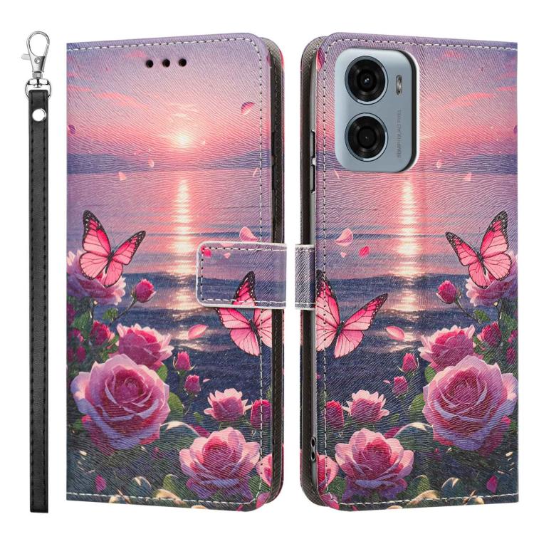 For Motorola Moto G05 / E15 Painted Pattern Vegan Leather Phone Case with Strap