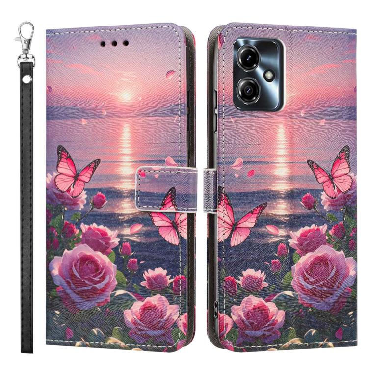 For Motorola Moto G14 Painted Pattern Vegan Leather Phone Case with Strap