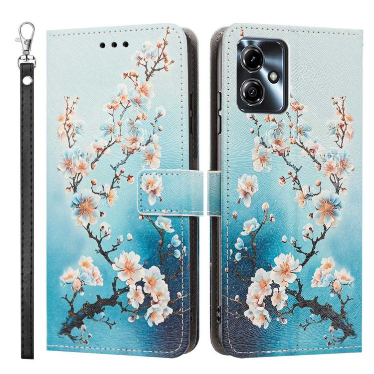 For Motorola Moto G14 Painted Pattern Vegan Leather Phone Case with Strap